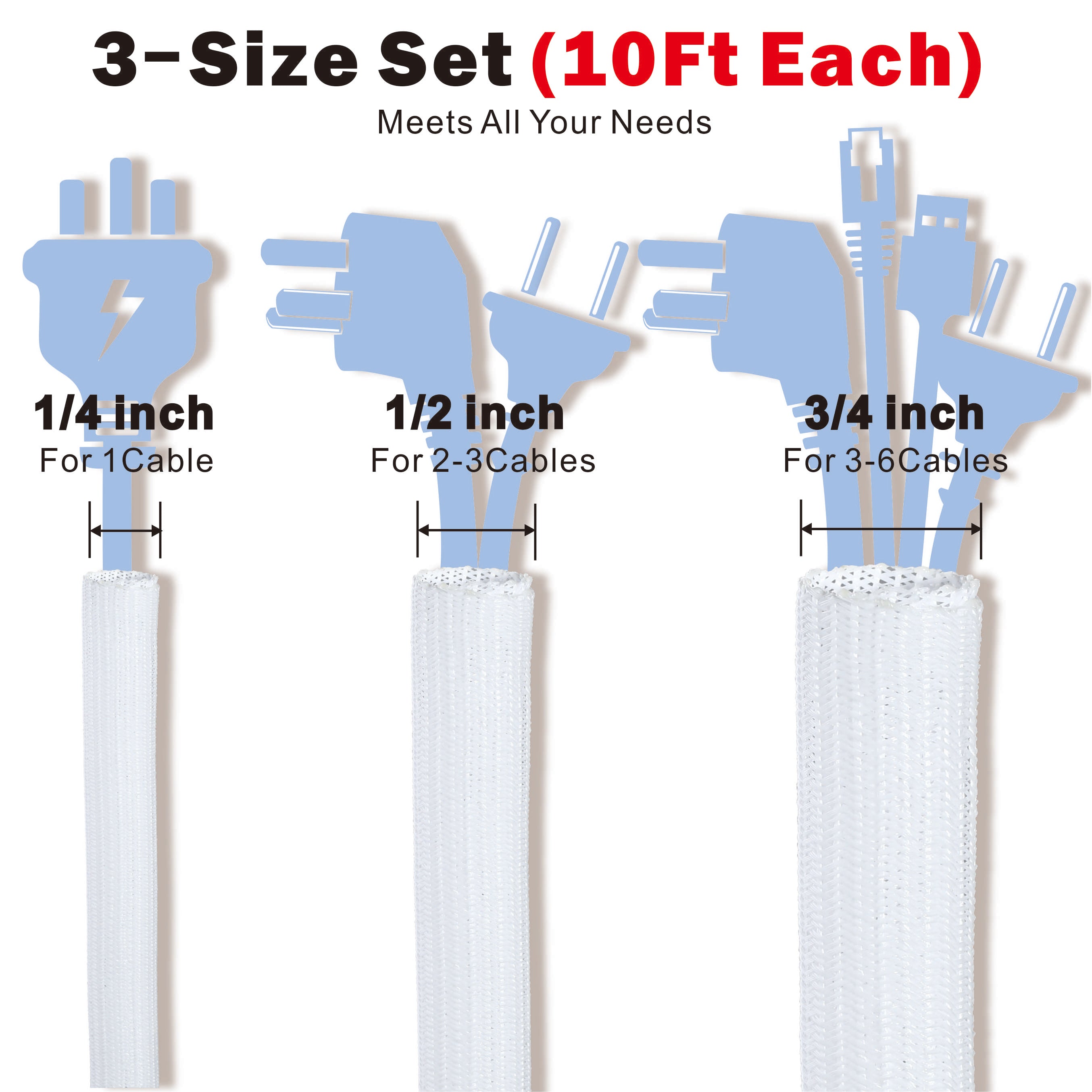 Alex Tech Split Sleeving, 3-Size Set — 1/4" 10ft, 1/2" 10ft, 3/4" 10ft