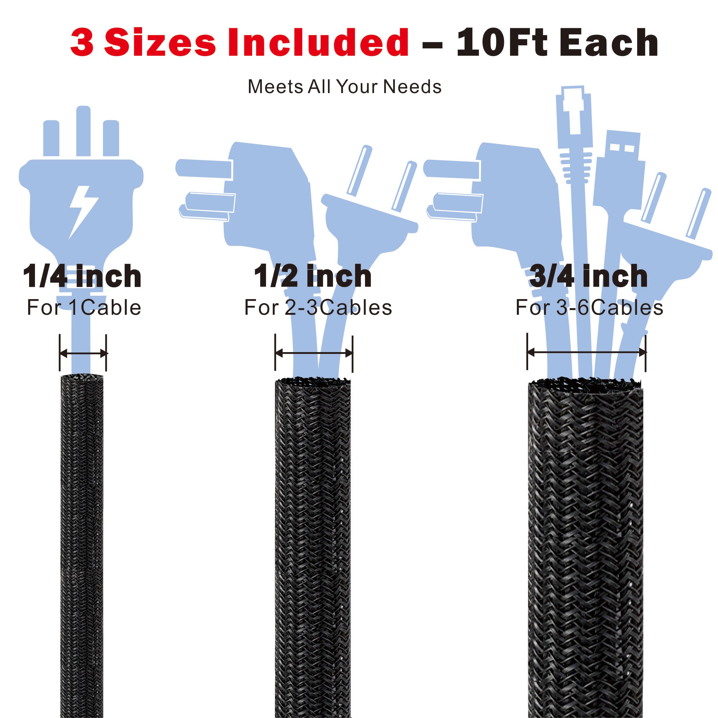 Alex Tech Split Sleeving, 3-Size Set — 1/4" 10ft, 1/2" 10ft, 3/4" 10ft